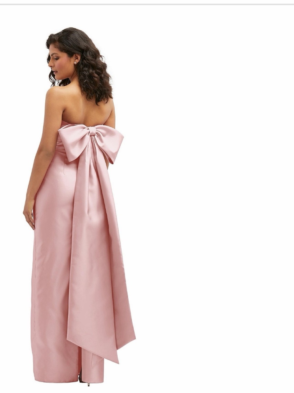 Strapless Blush Satin Jumpsuit with Dramatic Back Bow
